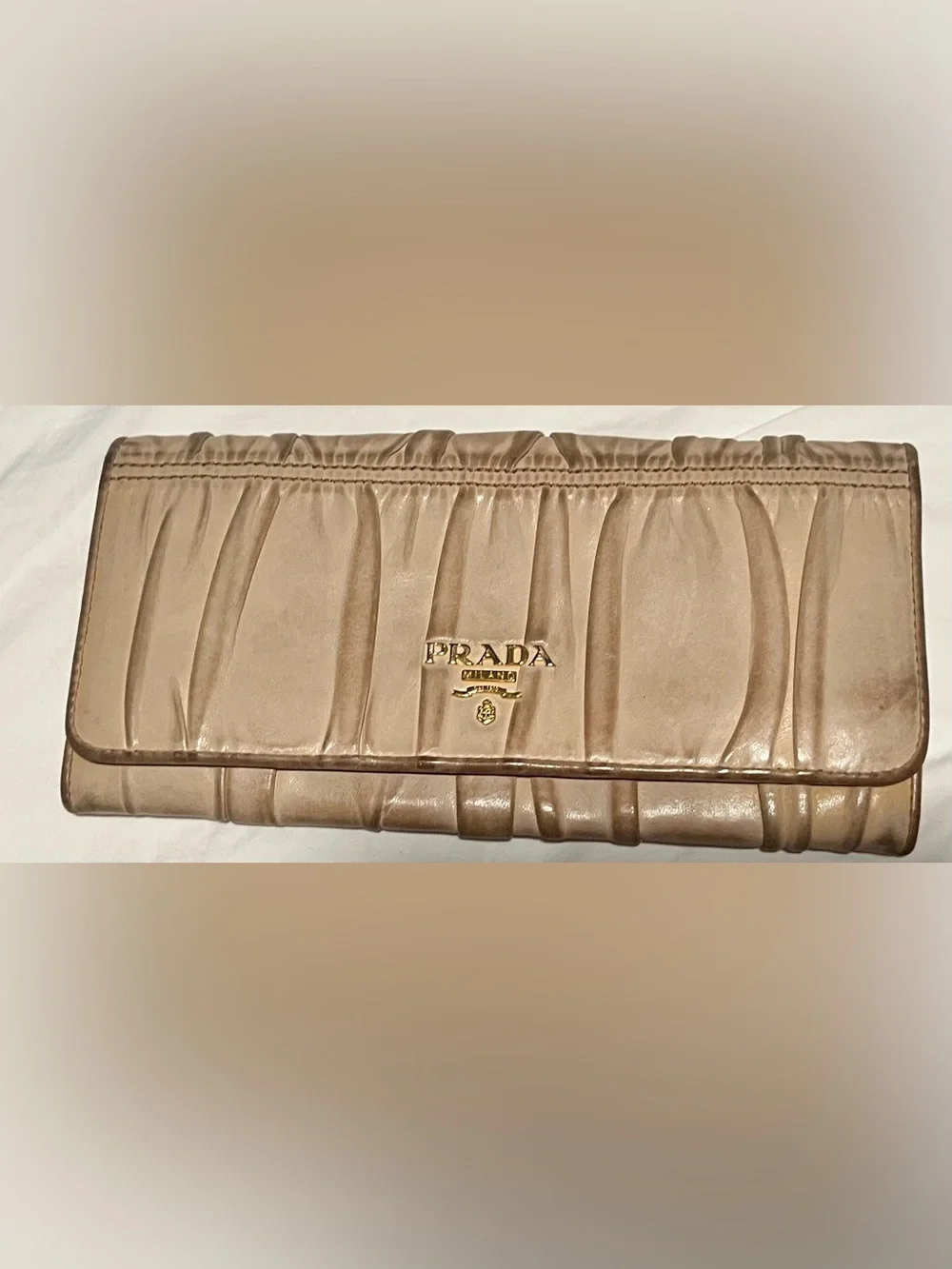Prada Metallic Beige Ruched Leather Wallet with Gold Logo